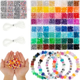 Alongen 1977Pcs Pony Beads Kit for Bracelet Making 64 Colors 9mm Kandi Beads Set Plastic Pony Beads Bulk with 375pcs Letter Beads Elastic String DIY Bracelets Jewelry Beads for Bracelets Necklace