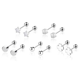 VYYU 5 Pairs Silver Earrings for Women Girls, Titanium Earings with Screwback Round Backs, Beautiful Cartilage Helix Ear Jewellery | Hypoallergenic Studs Christmas Birthday Gifts