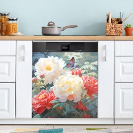 JIPONI Dishwasher Magnetic Cover Bright Flower Butterfly Dishwasher Magnetic Kitchen Art Decor, Dishwasher Magnetic Sticker 23 W x 26 H Inch