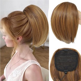 AFNOTE Short Drawstring Ponytail Extension 10 Inch Straight Hair Bun Fake Ponytails Hair Extensions Natural Synthetic Pony Tails Hair Pieces for Women-Blonde Brown Mix Brown