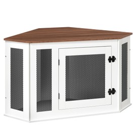 MAHANCRIS Corner Dog Crate Furniture, Wooden Dog Kennel End Table, Decorative Pet Crate Indoor Use, Furniture Style Dog House for Small Medium Dog, Dog Cage TV Stand, White and Walnut DCBA0801