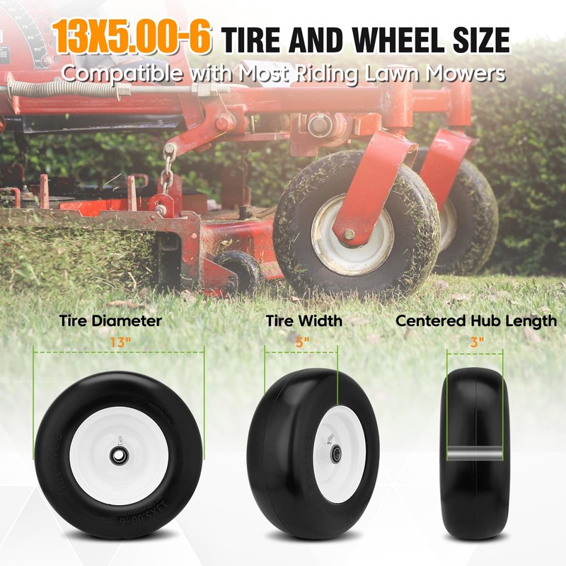 2PCS 13x5.00-6 Flat Free Tire and Wheel with 1/2" &