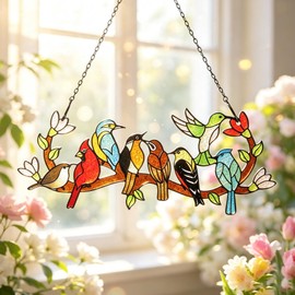 Birds On Branch Stained Glass Suncatcher,Red Bird Hummingbird Window Adorn