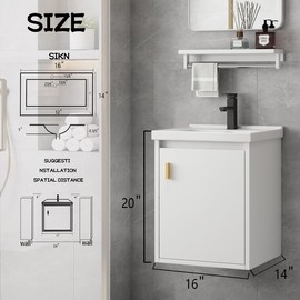 ESMISMO 16'' Bathroom Vanity with Sink Combo, Wall Mounted Small Bathroom Vanity with Soft-Close Door Modern Floating Cabinet, Pop-up Drain, P-Trap Included, White(No Faucet)