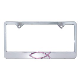 Elektroplate – Pink Crystal Christian Fish Ichthys on Chrome All-Metal Standard Size Premium 3D License Plate Frame Tag Holder for Cars/SUVs/Trucks Weather-Proof Automotive Accessory