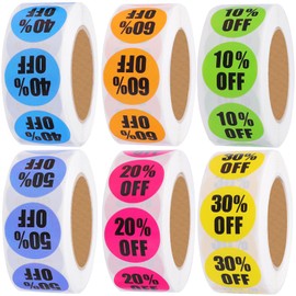 Cptoion 3000 PCS Percent Off Stickers,10 to 60 Percent Off Discount Stickers,Percent Stickers Labels,Circle Pricemarker Label,Multicolored Adhesive Labels for Retail Store Clearance,1Inch 6 Rolls