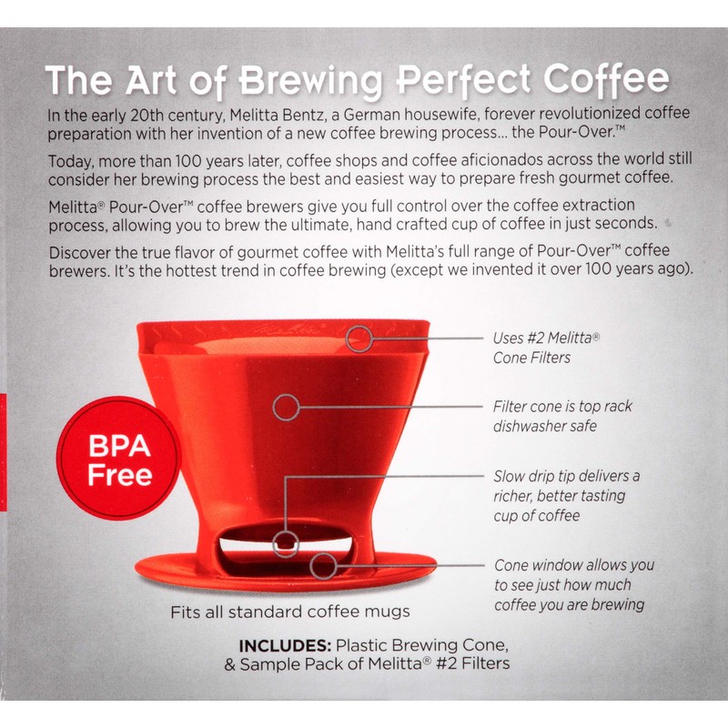Melitta Single Cup Pour-Over Cone Coffee Brewer, Red (Pack of