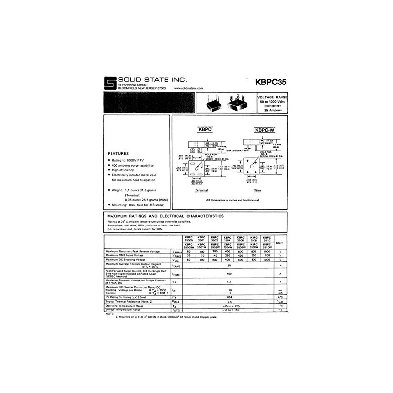 (Pack of 2) SOLID STATE KBPC3501 Bridge Rectifier, 1PH, 35A,