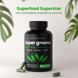 NutraChamps Organic Super Greens Capsules - Alfalfa, Spirulina, Chlorella & More - Antioxidant, Digestive Enzyme & Probiotic Blends - 150 Green Superfood Capsules