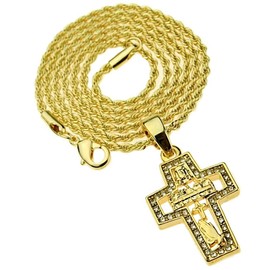 14k Gold Plated Combo Cross Rope Chain Iced Jesus Bling Micro Pendant Hip Hop Necklace 24" Inch