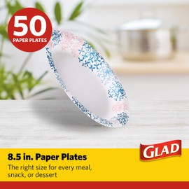 Glad Round Disposable Paper Plates for All Occasions | Soak/Cut Proof, Microwaveable Heavy Duty Disposable 8.5" Diameter, 50 Count Bulk Plates, Pink Hydrangea
