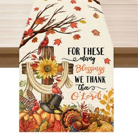 XCHI Thanksgiving Cross Turkey Fall Table Runner Party Table Decoration for Home Kitchen Dining Holiday Decor 13x48 Inch