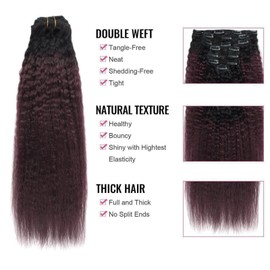 ABH AMAZINGBEAUTY HAIR Kinky Straight Ombre Human Hair Clip in Extensions Double Weft Real Remy Human Hair for Black Women Natural Black Fading Iinto Cherry Wine 7 Pieces 120 Grams KS TN-99J, 16 Inch