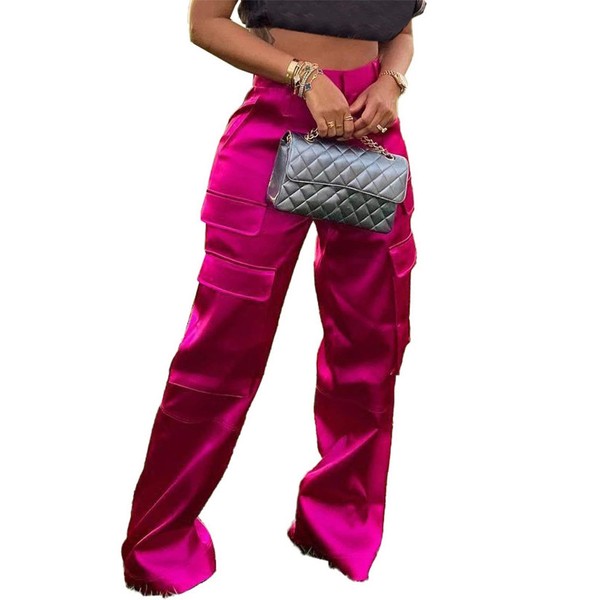 Lucuna Women's Satin Cargo Pants Y2K High Waisted Multi-Pocket Straight