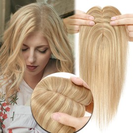 MY-LADY Human Hair Toppers for Women Real Remy Hair 150% Density 7 * 13CM Silk Base No Bangs Clip in Hair Pieces Straight Hairpiece for Thinning Hair 8 Inch #18/613 Ash Blonde & Bleach Blonde