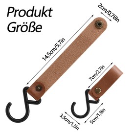 GVPOELR Pack of 8 Leather S Hooks, S Hooks with Leather Loop, Portable Camping Hanging Hook, S Shaped Hooks, Metal S Shaped Hooks for Hanging, for Travel, Camping, Home, Brown