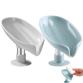Leaf Shaped Soap Dishes for Bathroom, 2 Pcs Shower Soap Bar Holder with Drain, Plastic Soap Box With Stand and Sunction Cup, Sponge Holder for Kitchen Sink, draining soap rack
