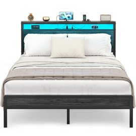 Homieasy Full Size Bed Frame with Charging Station and Led Lights, Industrial Metal Platform Bed with Storage Headboard, Steel Slat Support, No Box Spring Needed, Noise-Free, Black Oak