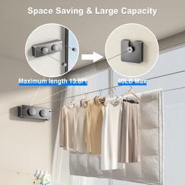 MUSTORN Retractable Washing Line Outdoor, Non-Sagging Double Clothes Line Extendable Indoor Laundry Line Pull Out Heavy Duty Stainless Steel Dual Cloth Line Wall Mounted-35 cm(Grey)