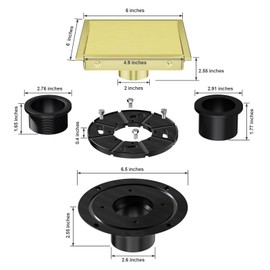 EXF Square Shower Drain 6 Inch Brushed Gold with Tile Insert Grate, Stainless Steel Shower Floor Drain with Flange, Hair Catcher