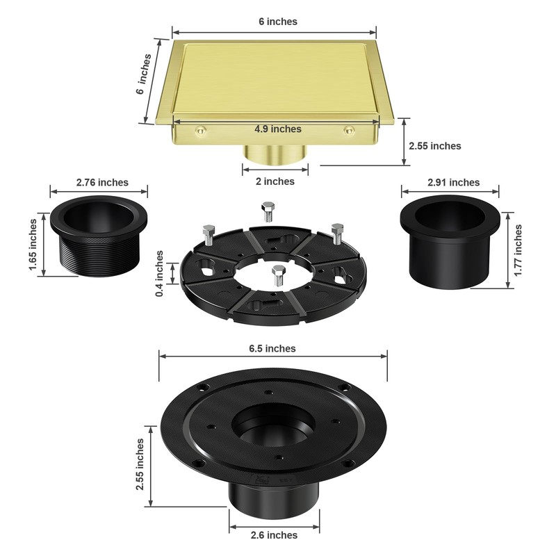 EXF Square Shower Drain 6 Inch Brushed Gold with Tile