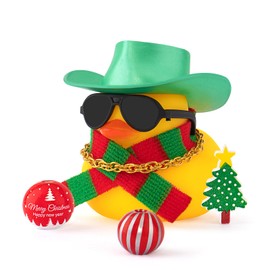 wonuu Christmas Rubber Duck, Mini Ducky with New Year Accessories Tree Ball Sunglasses Necklace for Festival Gift Xmas Decoration Car Dashboard Ornament, Plaid Knitted Scarf-Green Cowboy Hat
