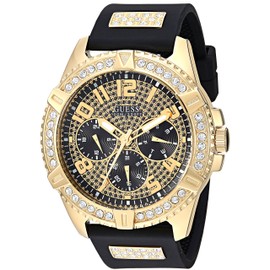 GUESS Comfortable Gold-Tone Black Stain Resistant Silicone Watch with Crystal Embellished Day, Date + 24 Hour Military/Int'l Time. Color: Black (Model: U1132G1)