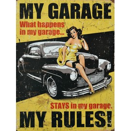 Shawprint My Garage WHAT HAPPENS IN THE GARAGE STAYS IN THE GARAGE RETRO METAL TIN WALL PLAQUE SIGN NOVELTY GIFT Home bar shed man cave (8" x 6")