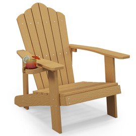 Tangkula Oversized Adirondack Chair, Patio Lounge Chairs w/Adjustable Cup Holder, HIPS Armchairs Slatted Chair, Outdoor Weather Resistant Fire Pit Chair for Deck Backyard Garden Porch (1, Teak)