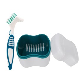 Denture Container with Strainer, Denture Box and Denture Cleaning Brush Set, Prosthesis Box Storage Box for Braces and False Teeth [Dark Green]