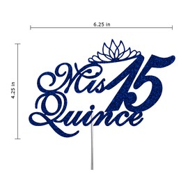Mis Quince - Decoración para tartas con purpurina de quinceañera, 15 ideas de decoración para fiestas de cumpleaños, decoración de alta calidad, purpurina resistente de doble cara, palo acrílico. Fabricado en Estados Unidos (azul)