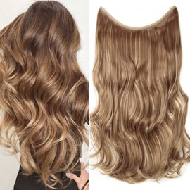 Secret Headband Wire in Natural Hair Extensions Rubber Band Straight Curly Wavy Hairpieces Brown Blonde Ombre for Women 20" Curly - Light Brown & Ash Blonde