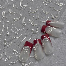 5D Embossed White French Tip Nail Stickers Self-Adhesive Pearl Nail Art Stickers Cute Pearl Rhinestones Chain Designs Nail Art Supplies French Nail Decals for Women Girls Acrylic Manicure Accessories