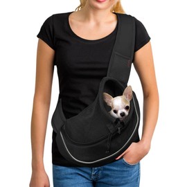 YUDODO Pet Sling Carrier for Small Dogs & Cats – Hands-Free Puppy Carrier with Safety Hook, Large Zipper Pocket, Soft Breathable Mesh, Adjustable Strap & Reflective Strip (Black 2.0 S)
