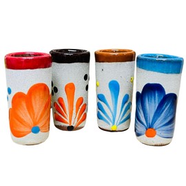 Set of 4 Tequilero Decorado - Decorated Shot Glass - Clay Shot Glasses - Guelaguetza Designs