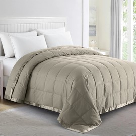 puredown® Blankets Queen Size - Soft Lightweight Down Blanket for All Seasons, Cozy Warm Luxury Bed Blanket with Satin Trim, Cotton Cover, Khaki (90"X90")