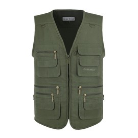 OU YA WOLF Men's Stone Washed Multi-pocketed Hunting Travel Fishing Utility Work Cargo Outerwear Outdoor Vest