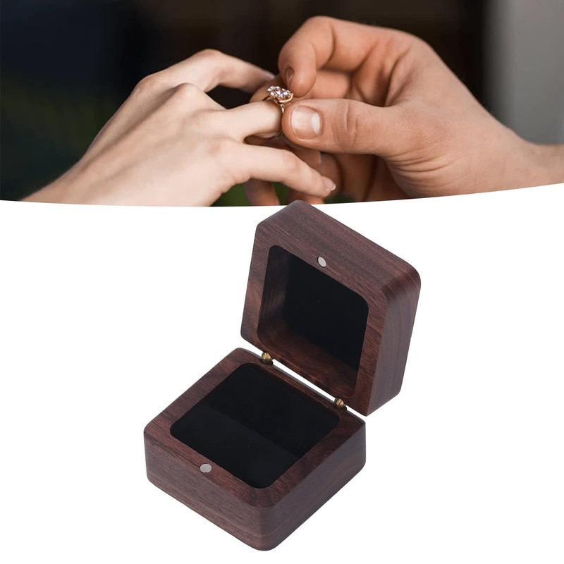Caja de Anillo de Madera de Nogal Negro, Botón Magnético