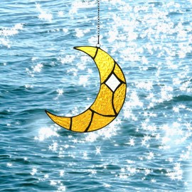 Karhuimoyi Moon Stained Glass Suncatcher for Window Hangings, Handcrafted Art Glass Crescent Moon Decorations Indoor Window for Living Room Bedroom (Yellow)