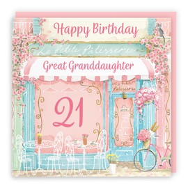 Hunts England - 21st Great Granddaughter La Petite Patisserie Birthday Card - Charming Pink Bakery, French Cafe Female Floral Design - Age 21 Happy Birthday Great Granddaughter Card - Milo's Gallery