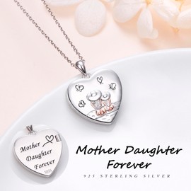 HOOHWE Mother Daughter Necklace for Women 925 Sterling Silver Love Heart Necklace/Photo Locket to Open with Picture Pendant Jewellery Gifts for Mum Child, Sterling Silver