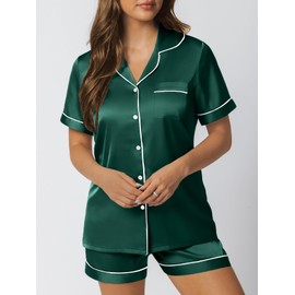 LILLUSORY Silk Satin Pajama Set for Women 2 Piece Lounge Pjs Shorts Matching Summer Sleepwear Button Down Shirt Shorts Green M