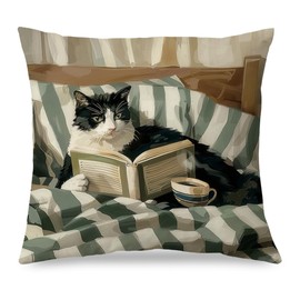 Tuxedo Cat Reading Throw Pillow Covers 18x18, Book Cat Lovers Bookworm Gifts, Trendy Retro Bookish Kitty Pillow Cases for Home Bedroom Reading Room Nook Corner Decor