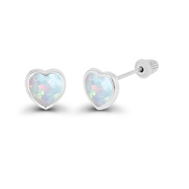 Solid 14K White Gold 4mm Heart Shaped Created Opal October Birthstone Bezel Screw Back Stud Earrings