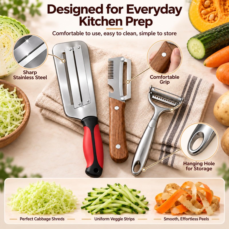 3-Piece Vegetable Peeler Set with Cabbage Shredder and Julienne Y-Peeler