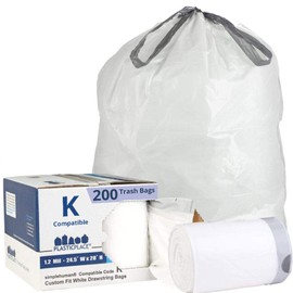 Plasticplace Custom Fit Trash Bags, Compatible with Simplehuman Code K, White Drawstring Garbage Bags Liners, 10 Gallon / 38 Liters, 24" x 28" (200 Count) Heavy Duty Trashbags Home Essentials Large