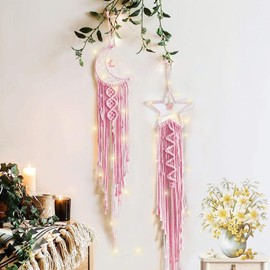 Moon Star Dream Catcher Decor,2pcs Boho Home Moon Star Dreamcatcher,Macrame Wall Hanging Boho Home Decor for Kids Baby Bedroom Decoration for Women Girls Craft Thanksgiving Pink