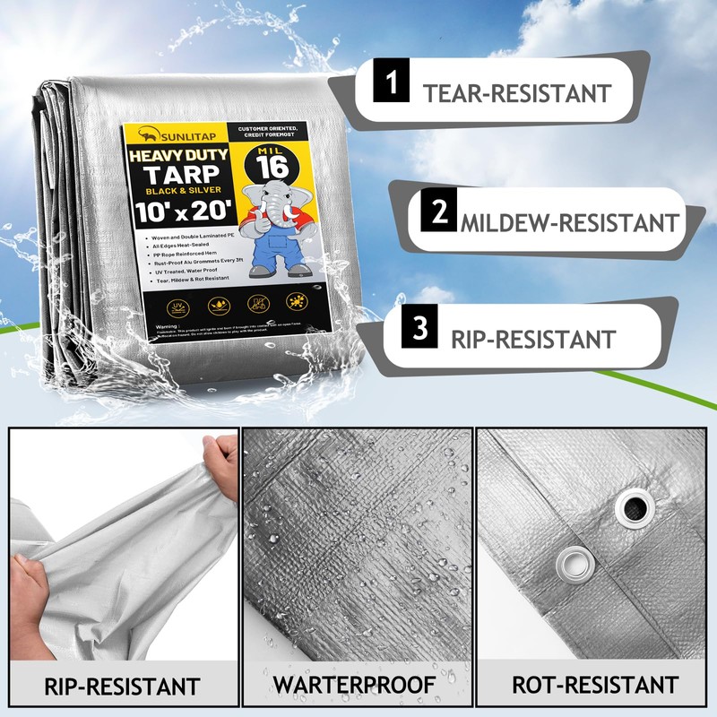 SUNLITAP 10 Mil Heavy Duty Waterproof Tarps, 10x20 Ft Finished