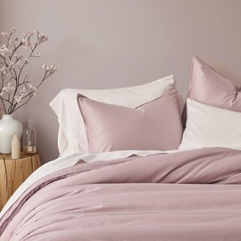 EVERGRACEHOME Cotton Tencel Cooling Duvet Cover Set Queen Size for Hot Sleepers, Luxe Eucalyptus Lyocell Bedding Set, Soft Sateen Weave Button Closure Comforter Cover 88" x 92" w/ 2 Shams, Mauve Pink