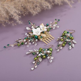 Teyglen Vintage Gold Leaf Flower Wedding Hair Comb Green Crystal Beads Hair Side Comb Bridal Hair Accessory for Women White Flower Headpiece with Rhinestone Head Jewelry